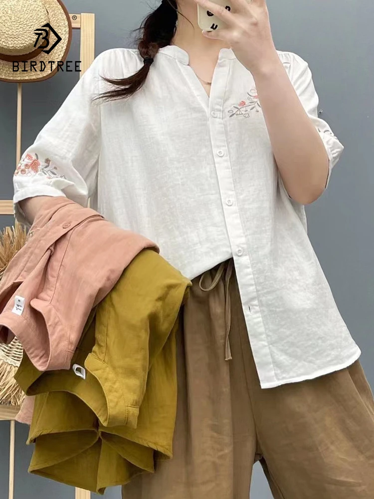 

New 2025 Summer Cotton Yarn Half Sleeve Shirt, Women V Neck Embroidery, Mori Girl Retro Versatile Casual Loose Blouse T55847CC