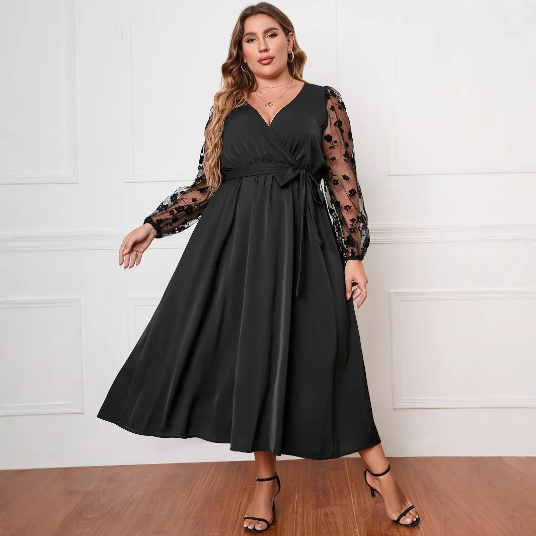 Vestido Midi Elegante de Encaje Tallas Grandes para Mujer, con Mangas Abullonadas, Ropa de Lujo para Cena, Vestido Largo de Noche, Primavera 2026, Vestido de Fiesta para Mujer