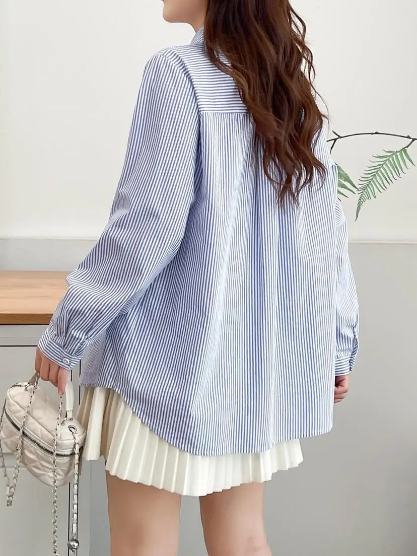 جديد 2025 الخريف قميص قطني بكم طويل ، المرأة التلبيب التطريز مخطط ، موري فتاة الحلو تخفيض العمر بلوزة فضفاضة T58520CC