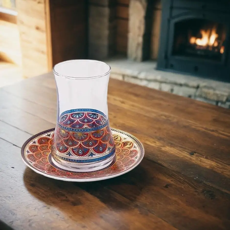 High-Grade Turkish style Red Gold heat-resistant glass coffee cup tea cup set with Saucers Spoon Drinkware Set Gift Packing