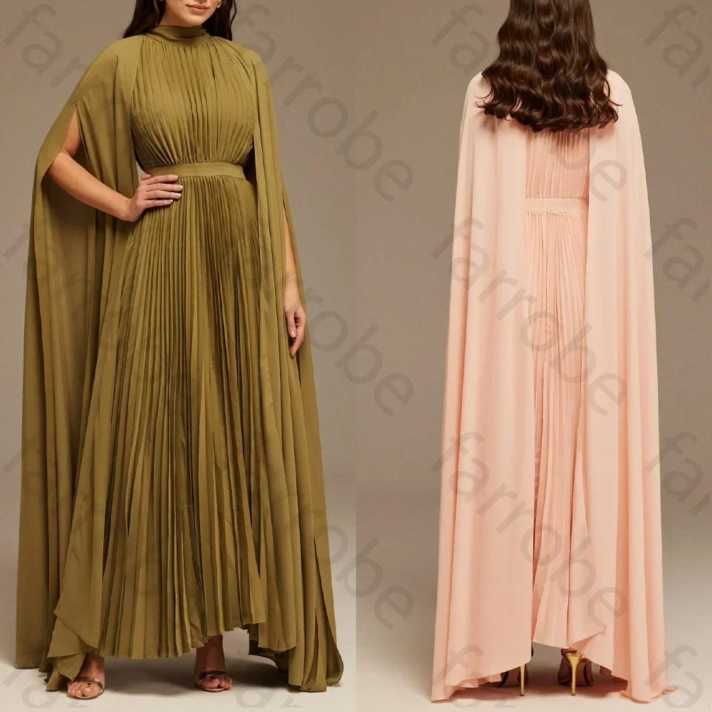 

Customized Pleated A-line Dresses with Cape Sleeves High Neck Scarf Evening Dress Long Sleeves Exquisite Prom Party Gowns Women
