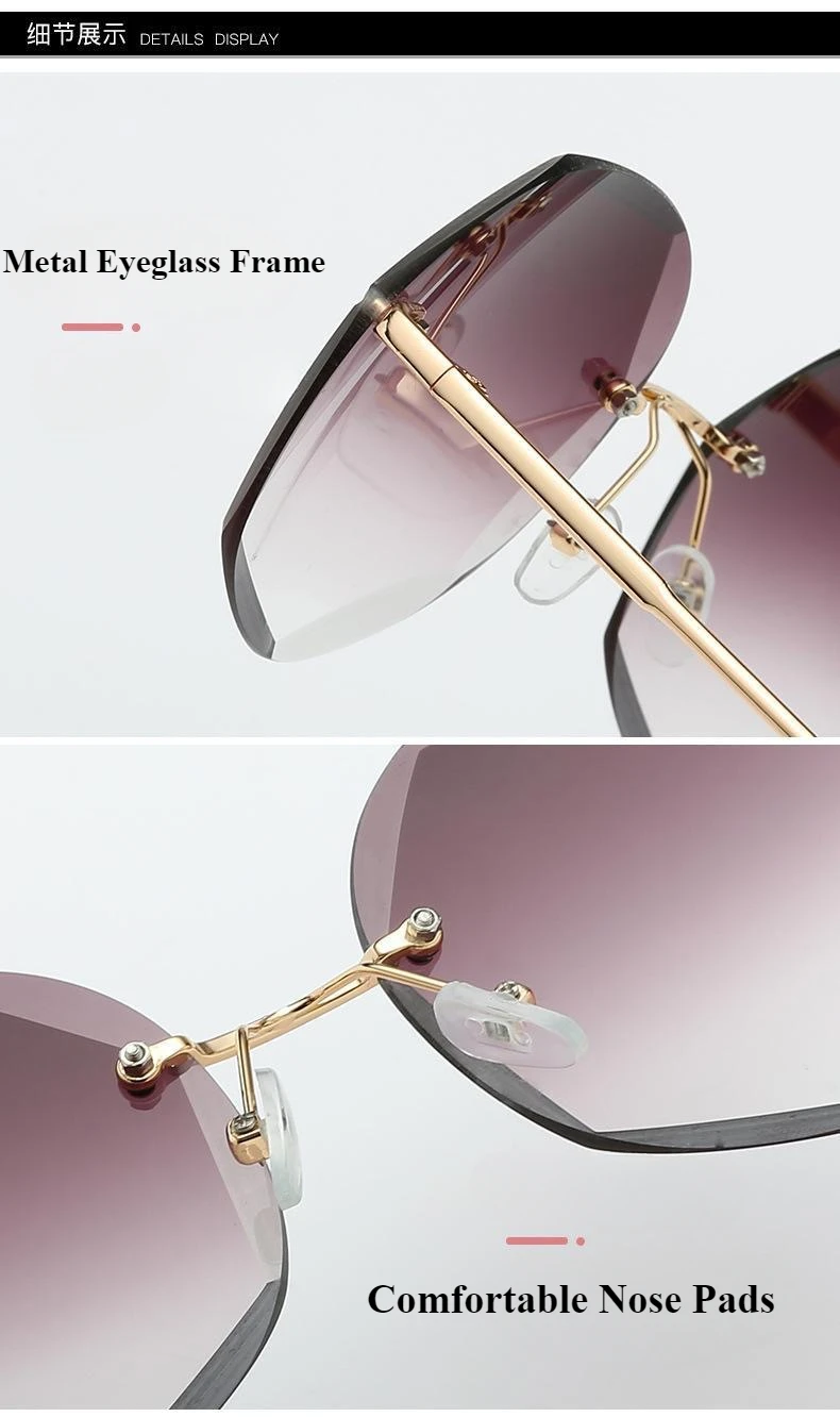 Rahmenlose Damen-Sonnenbrille mit Schnittkante, fortschrittliches Gefühl, Metall, robustes Scharnier, trendige Sommer-Sonnenbrille – Detail 2