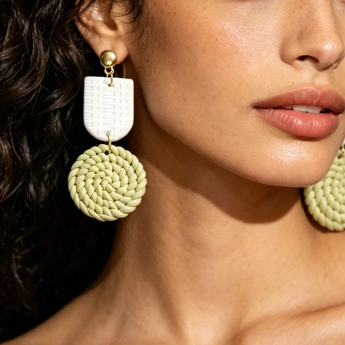 Aesthetic Sage Green Knit Clay Earrings Cottage Core Matcha Cream Dangle Minimalist Nature Inspired Stone Texture Jewelry Summer