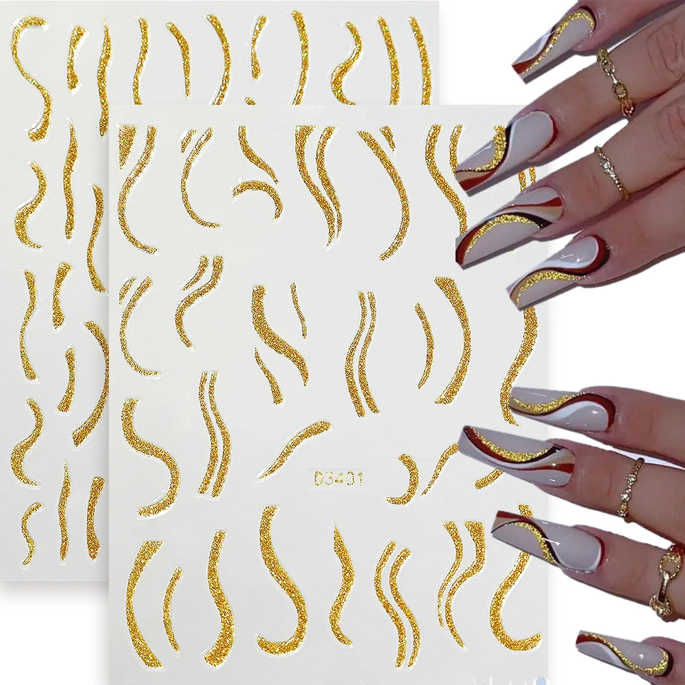 3D Shiny Glitter Nail Stickers Reflective Sparkly Wave Lines French Nails Sticker Gold Silver Red Winter Manicure Sliders Decals