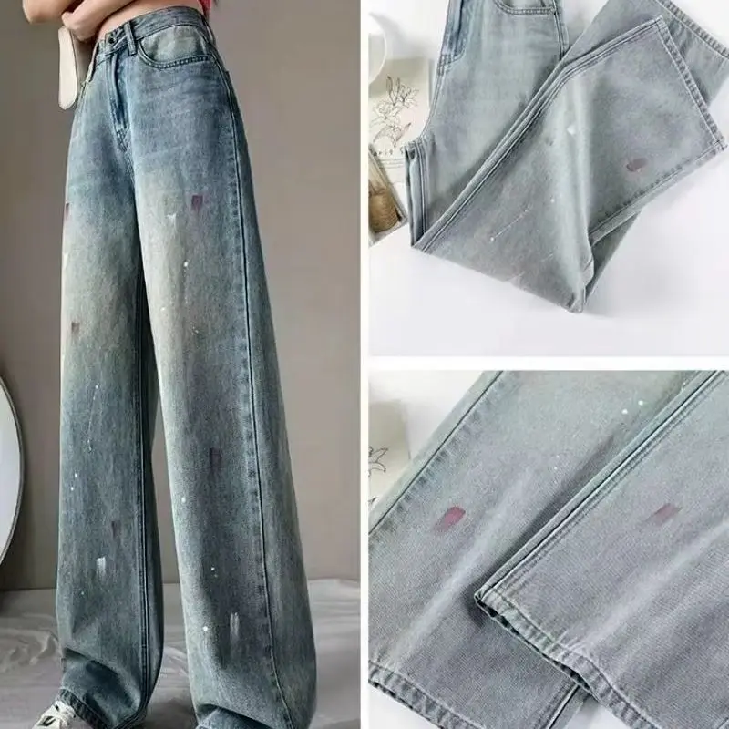 

Nine-Point Drape Splash-Ink High-Waisted Loose Design Sensual American Light Blue Wide-Leg Jeans For Women 2024 Autumn New Style