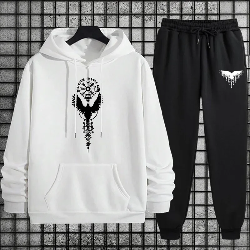 Men's Casual Sportswear Set 2025 Comfort Fit Hoodie and Soft Joggers for Outing Daily Lounge Wear Raven Print Sweatshirts Suit