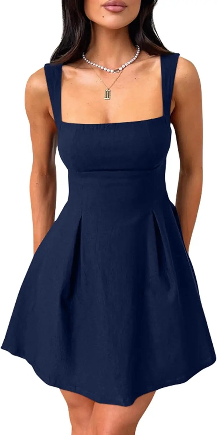 Minivestido Sexy sin mangas con cuello cuadrado y tirantes ajustables para mujer, pajarita, corte en A, para fiesta y discoteca, por encima de la rodilla, Mini vestidos de fiesta