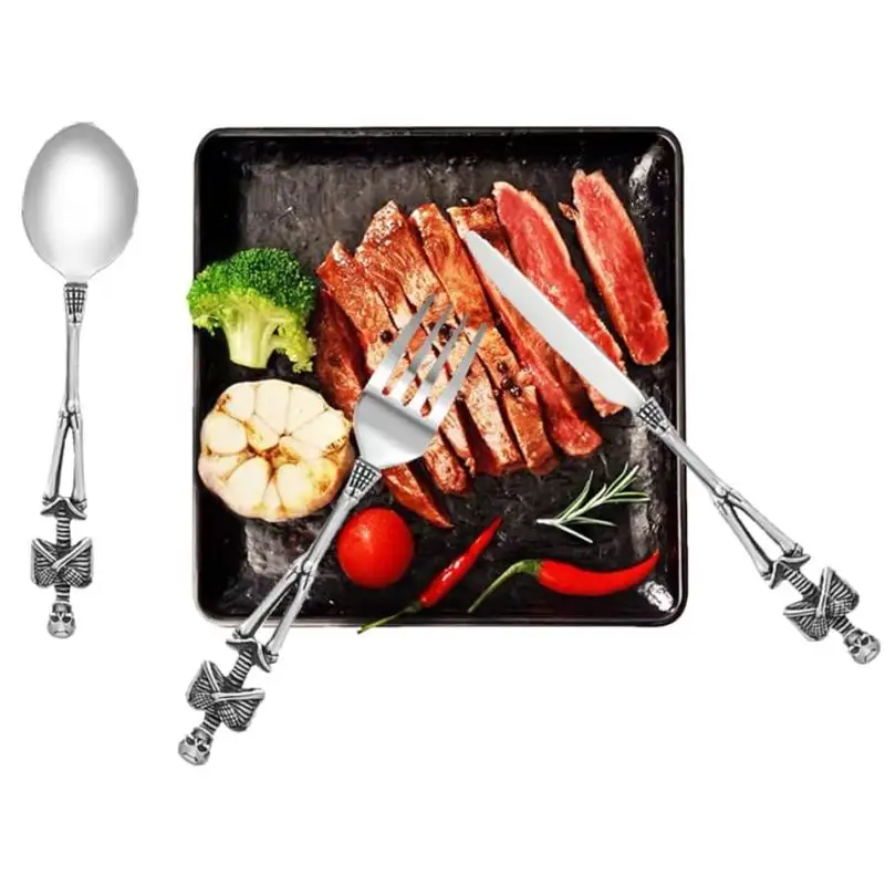 New 3/1PC Dinnerware Set Skeleton Head Spoon Fork Tableware Kitchen Stainless Steel Silver Black Skull Stainless Steel Flatware