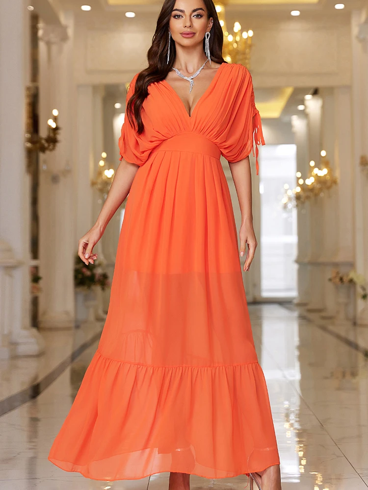 Orange Evening Wedding Party Dresses V-Neck Sexy Tulle Long Dress For Dancing Parties Prom Gown Summer Beach Vestidos L128