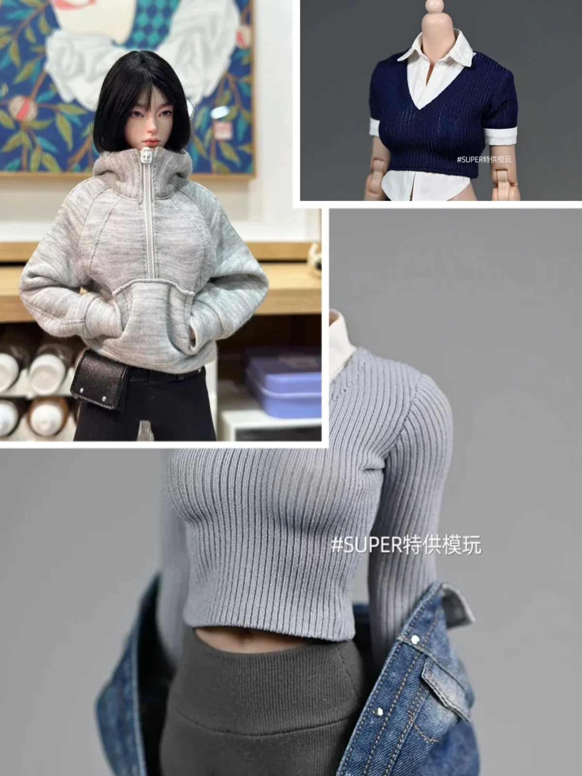 【Nur Kleidung】 Weiblicher Soldat im Maßstab 1:6, Kapuzenpullover mit halbem Reißverschluss, gestricktes Hemd mit Kunstschichtung, Faltenrock, passend für 12-Zoll-Actionfiguren-Modellspielzeug