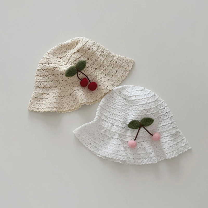 New Spring Summer Plush Cherry Baby Girls Sun Hat Adjustable Lace Hollow Out Baby Beach Bonnet Travel Outdoor Baby Bucket Cap