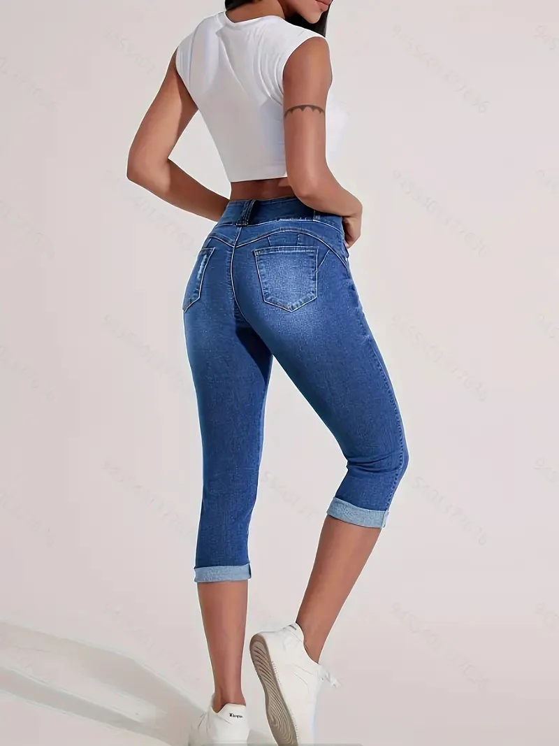 ZMTUO ผู้หญิง DENIM เอวสูง Capris รีด Hem คู่ปุ่ม Skinny Fit อินเทรนด์สบายๆฤดูร้อน Essential กางเกงยีนส์