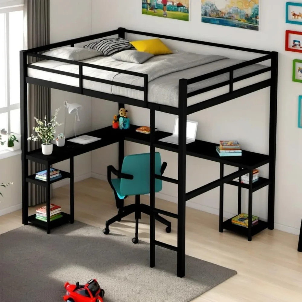 

Full Loft Bed with Desk and Storage Shelves for Kids Teens Adults,Heavy Duty Metal Loft Bed with Ladder for Dorm,Bedroom