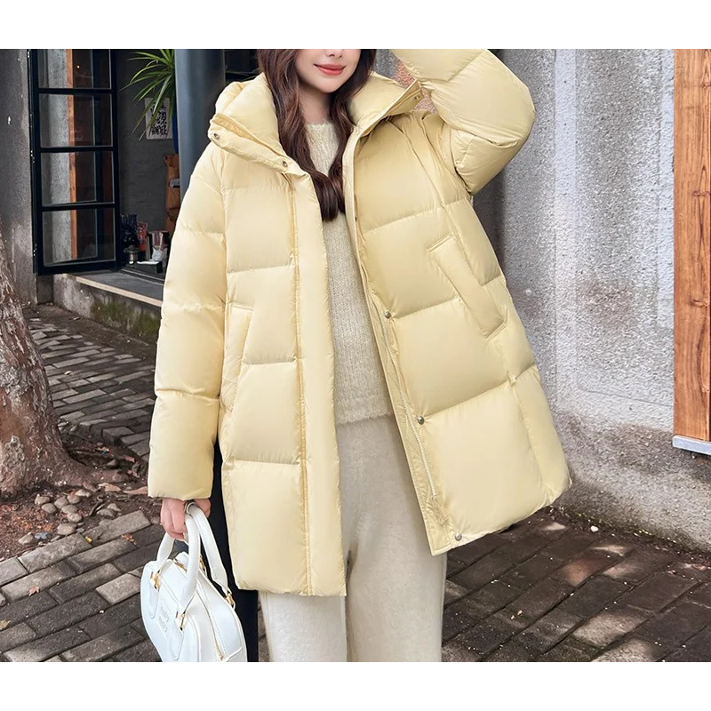 女性フード付き防寒ダックダウンコート冬のファッションプラスサイズミッドレングス厚く暖かく保つ黄色通勤ストレート服