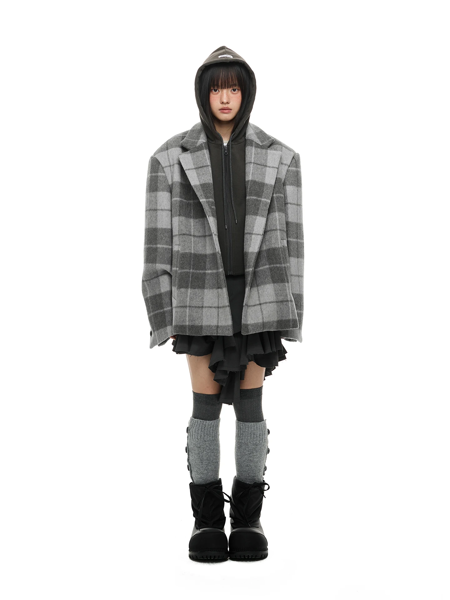 JIKOO 양면 울 코트 탈부착 가능한 후드 자켓 스트리트 스타일 루즈핏 여성용 가을 아우터웨어