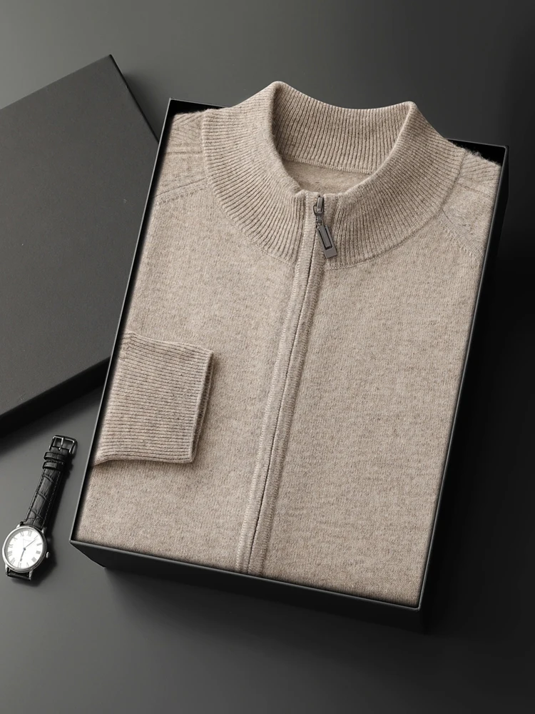 Autumn Winter Men's 100% Cashmere Sweater Zipper Cardigan Mock Neck Long Sleeve Casual Style Cashmere Knitwear Soft Comfy Tops