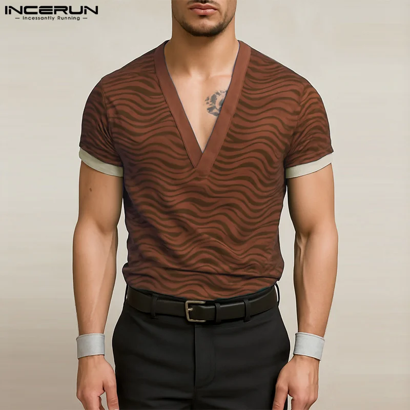 

INCERUN Summer Men T Shirt Printing Patchwork V Neck Short Sleeve Male Tee Tops Streetwear 2025 Fashion Casual Men Clothing