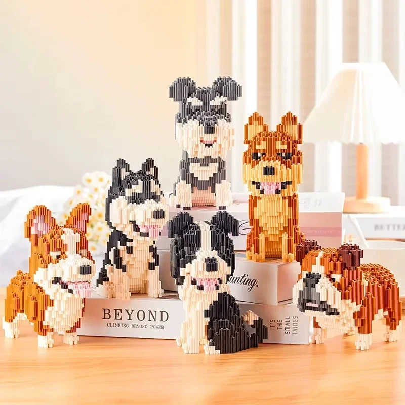 Building Blocks Set Collie Husky Bulldog Corgi Schnauzer 3D Model Animal Dog Mini Diy Bricks Figure Toys For Kid Chirstmas Gifts