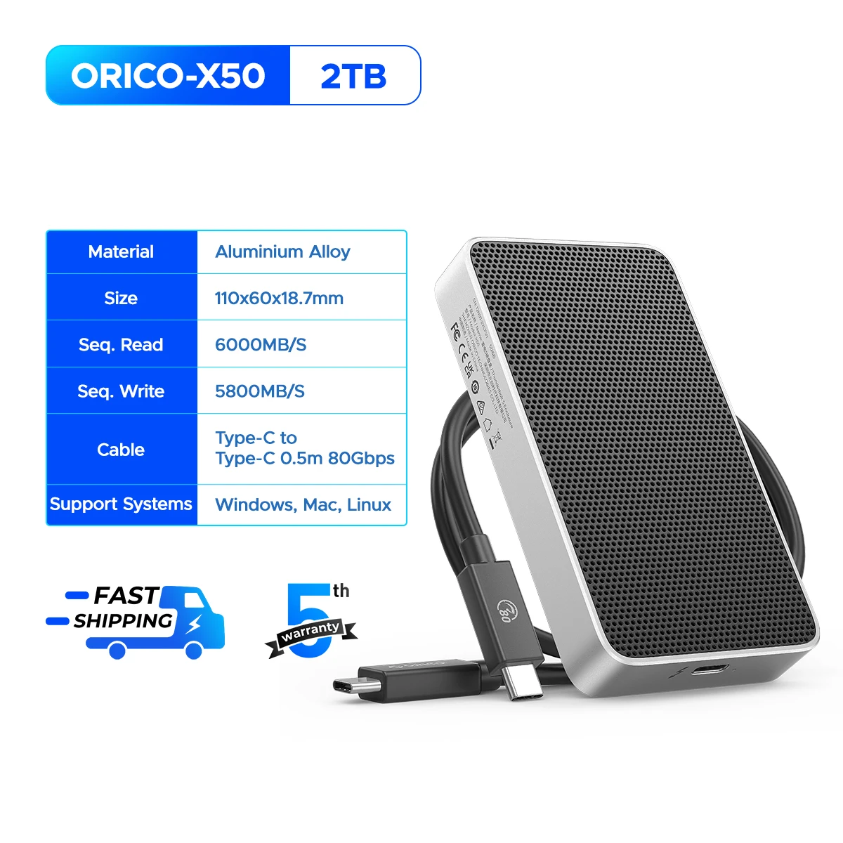 ORICO 80Gbps Thunderbolt 5-Compatible SSD Enclosure with Fan