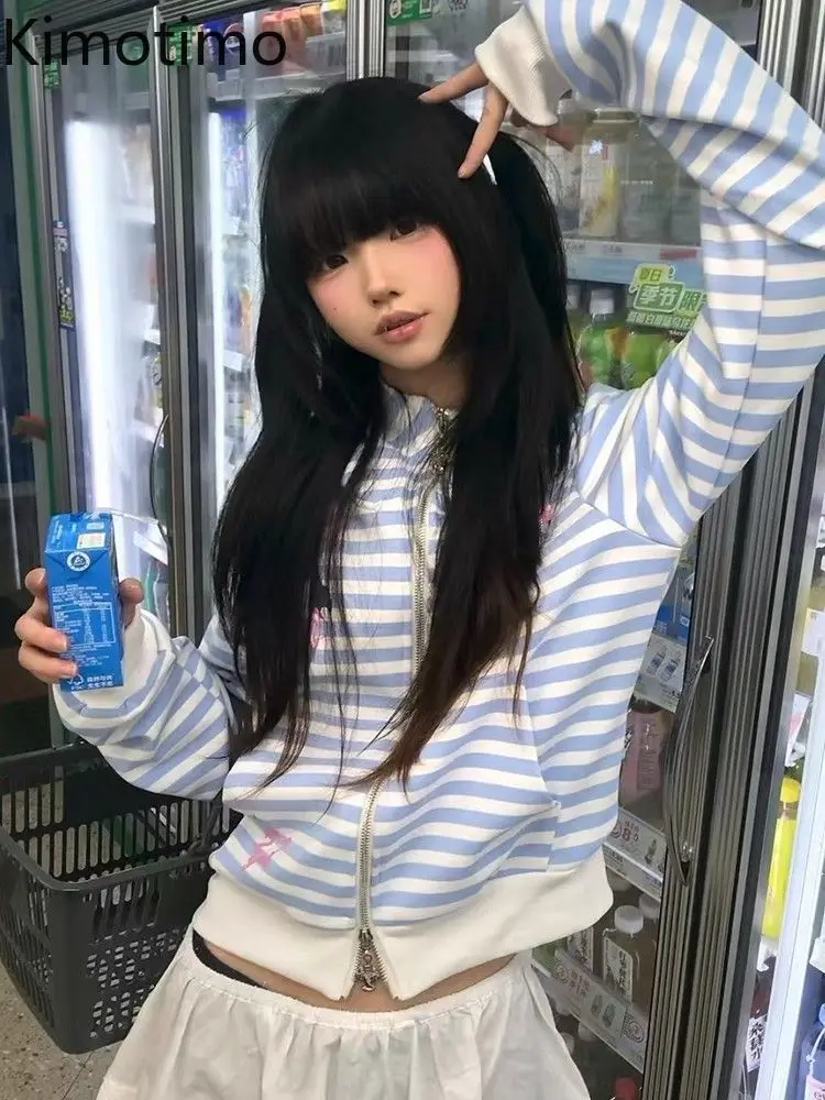 

Женская толстовка Kimotimo Y2k с принтом и полосками, в американском ретро-стиле, с карманом на молнии, с длинными рукавами, повседневная, милая, уютная