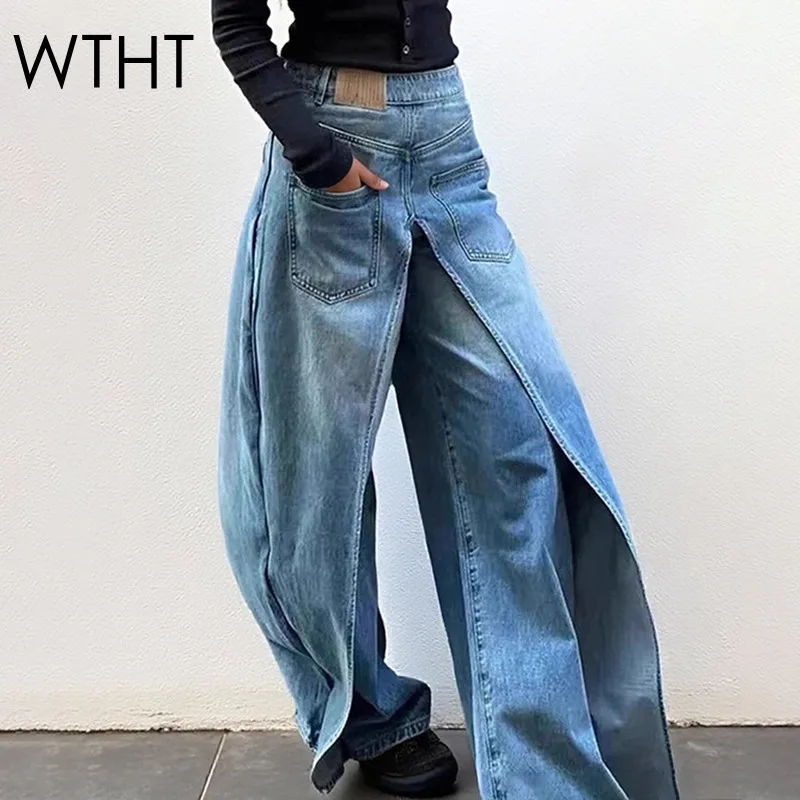 

WTHT Trendy New Women Patchwork Fake Two-piece Wide Leg Jeans 2025 Winter Fashion High Waist Straight Denim Pants Female 1LS2628