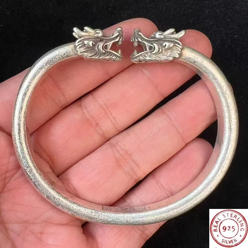 925 Sterling Silver Double Dragon Head Open Bangle Bracelet Vintage Tibetan Style Chinese Dragon Cuff Unisex Ethnic Jewelry Gift