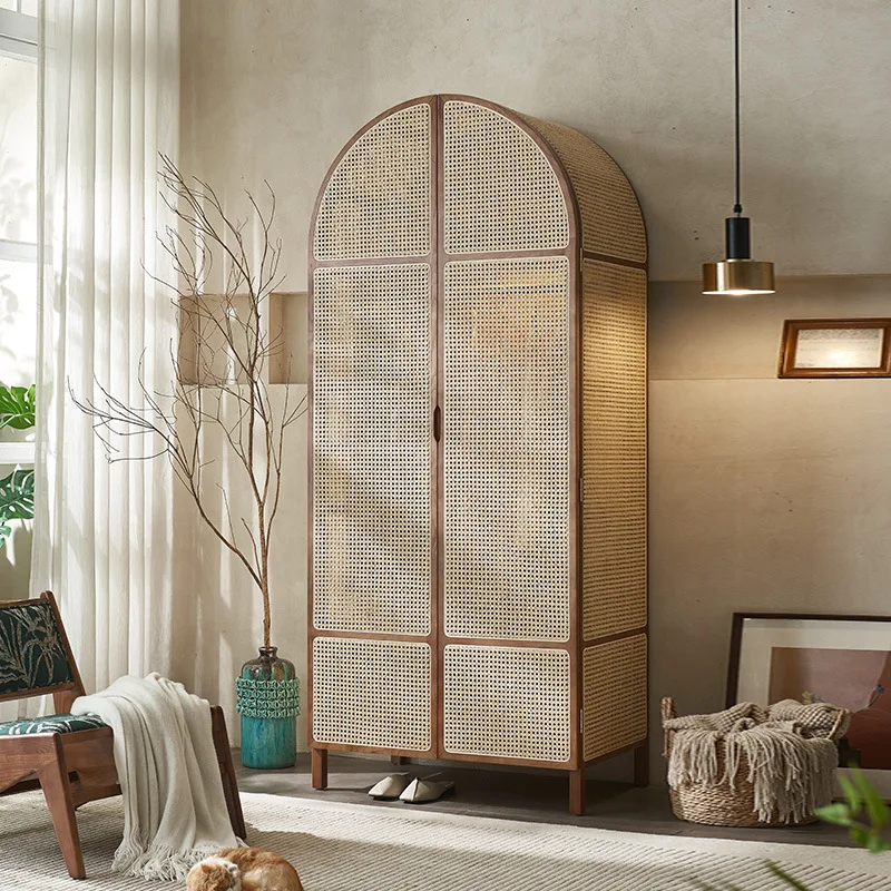 

Nordic solid wood rattan wardrobe storage cabinet Small apartment retro homestay arched dome casement door Storage clothing cabi
