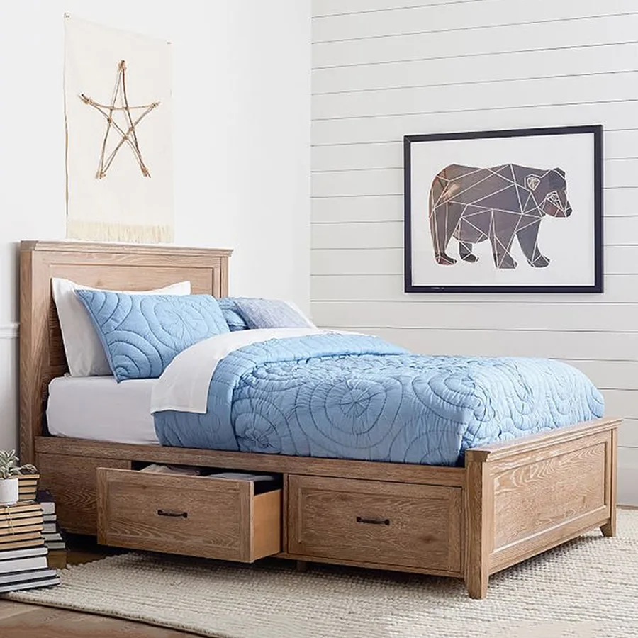 Solid wood children's bed Log color boy bed 1.2m with high box drawer storage 1.8m single double bed