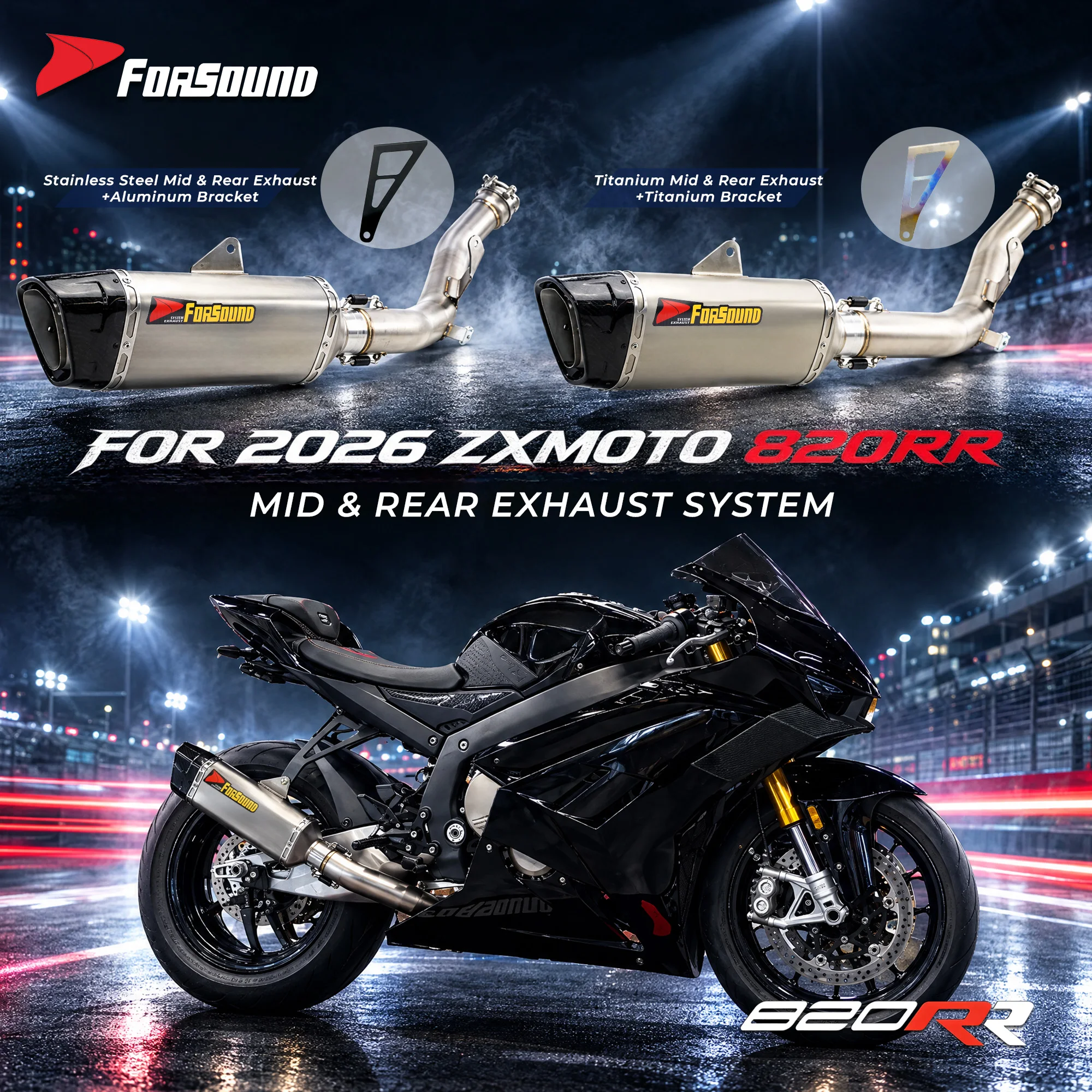 Forsound Mid Link Exhaust Muffler For ZXMOTO 820RR Motorcycle Titanium Stainless Steel Bolt On Slip On Mid Tail Section Racing D
