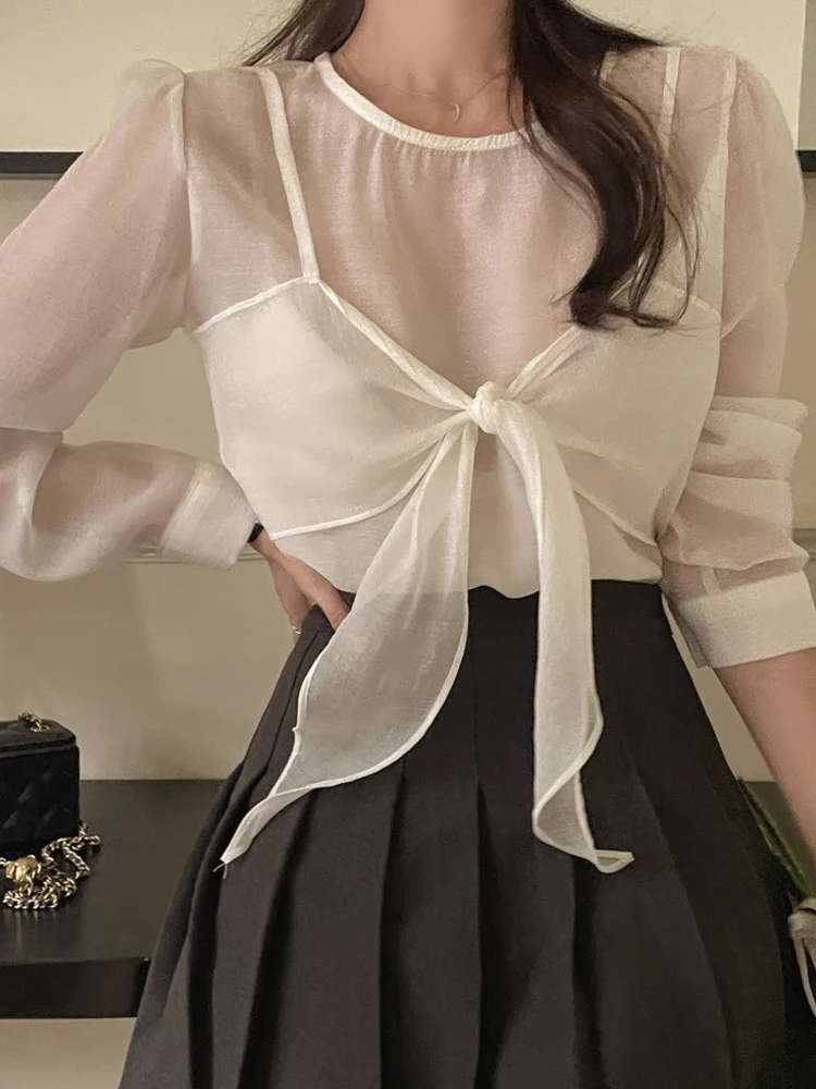 

Ele Sweet Sle Women's irt with Knot Strap Long Sve Fake Two-Piece Top Korean Commute Pure Color Loose Fit