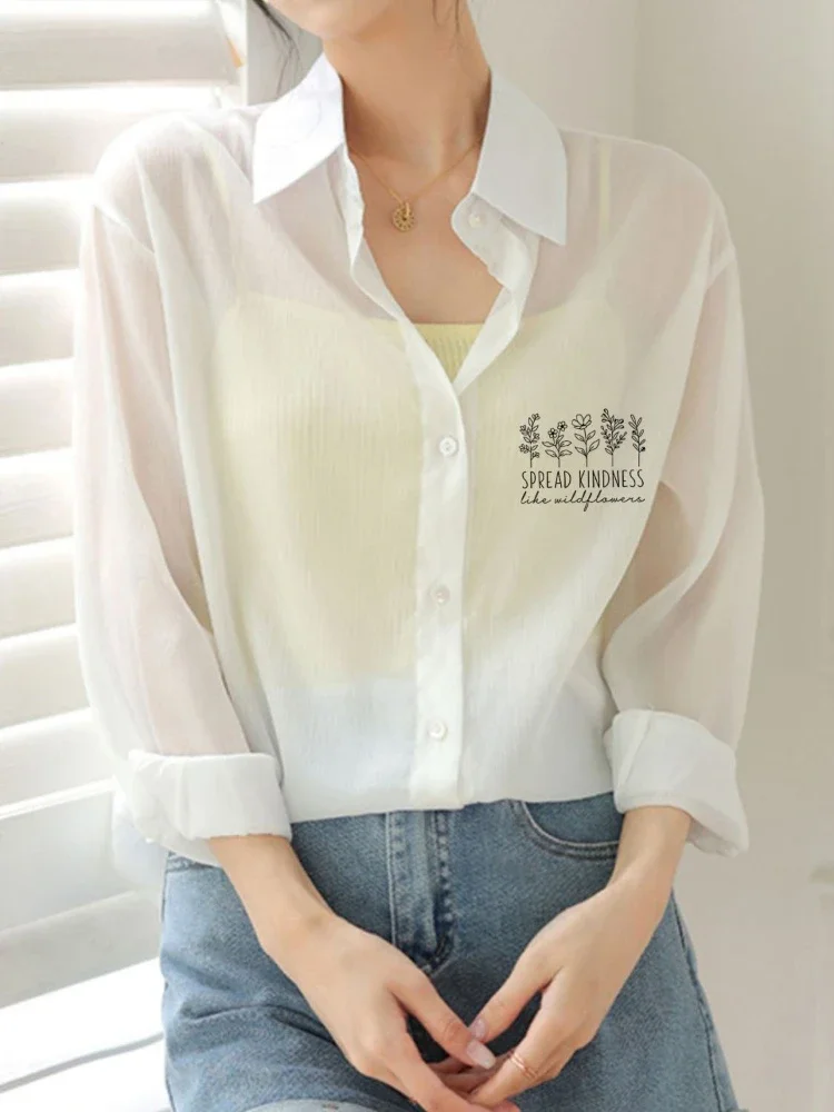 Little Fresh Sun Protection Female Tops White Women's Shirt and Blouse Youthful Woman Clothes Sale of Elegant Chic Tall Social M