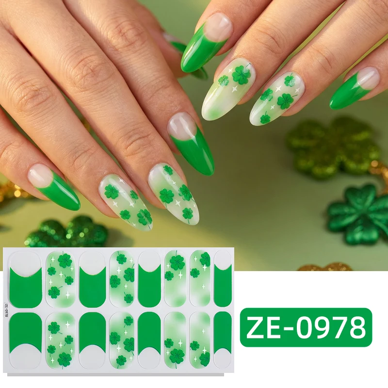 16 Adesivos de Unha para o Dia de São Patrício, Cobertura Total, com Trevo Verde, Decoração de Manicure