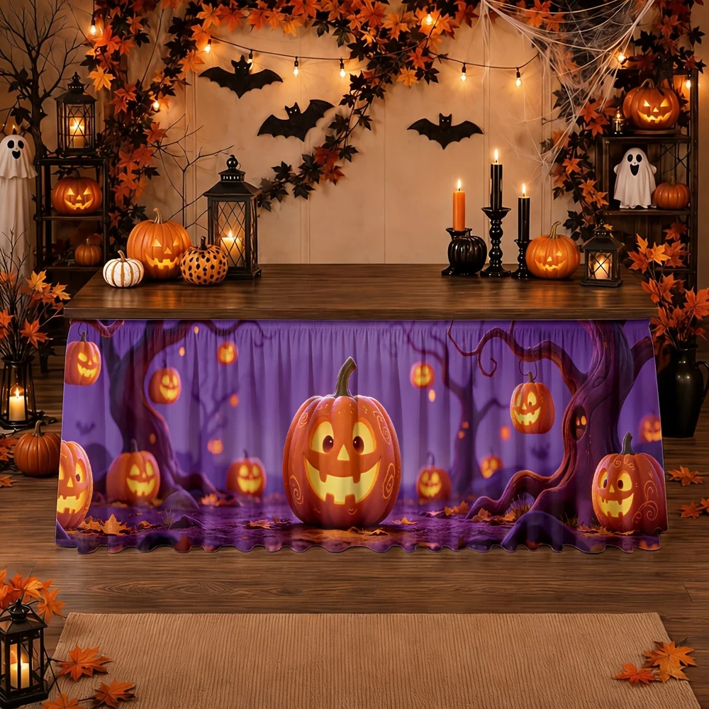 Table Skirt/Table Skirt Halloween Pumpkin Forest Ghost Night Orange Purple Glow