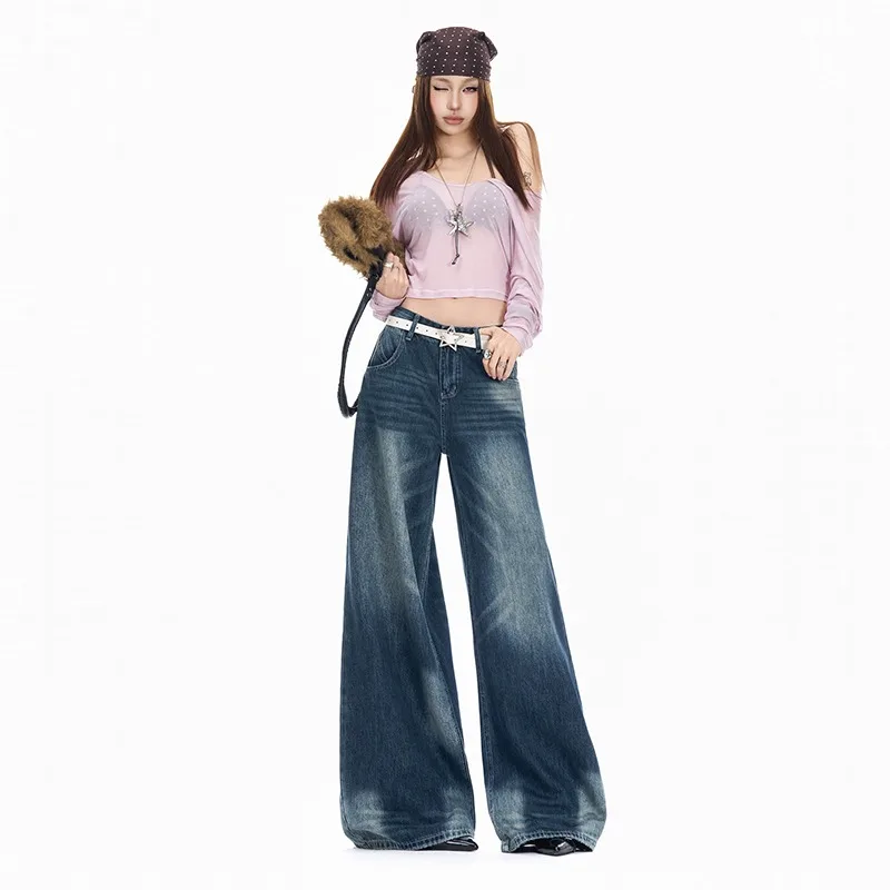Women American Retro Wide Leg Jeans Early Autumn Trendy Unique Loose Draped Floor Sweeping Casual Denim Trousers