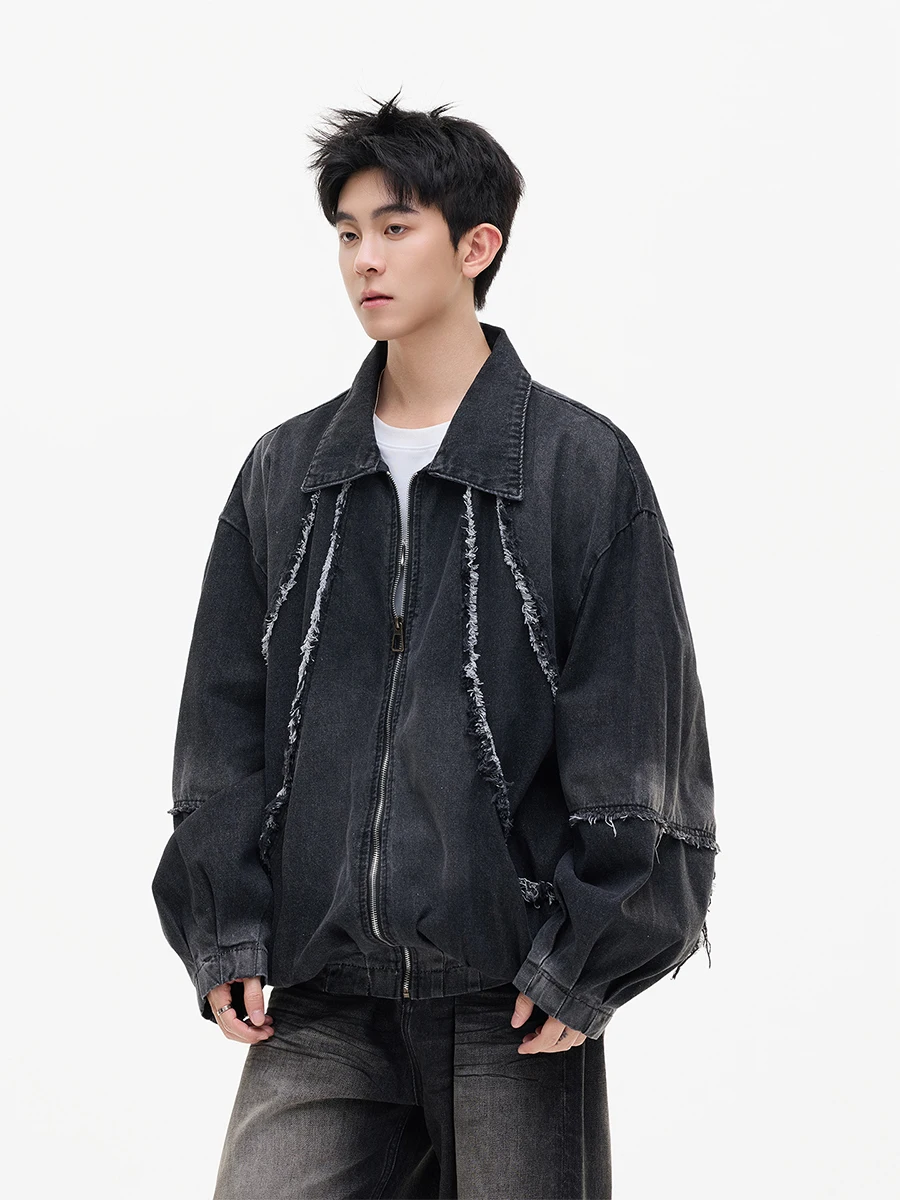 Chaqueta Vaquera Retro Americana para Hombre con Cuello Deshilachado y Estilo Casual para Otoño