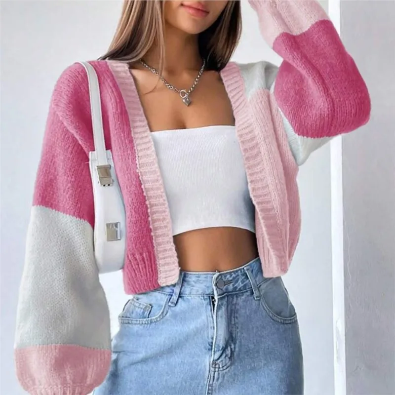 Suéter retrô de manga comprida Cardigan feminino, jaqueta versátil, cor combinando, casual, novo, outono