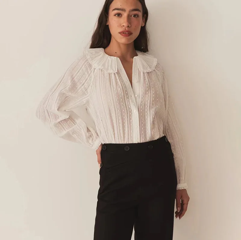 

Doe Винтаж Цветочная вышивка в горошек Белый оверсайз irt Весна Лето Новая коллекция Fene Chic Длинный све Хлопок B...