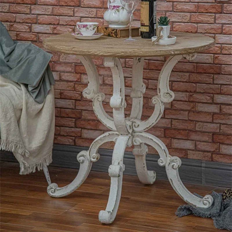 Old Farmhouse Home Decor Carved Table Cottage Round White Brown Dining Pedestal End Coffee Table with 4 Crossed Legs