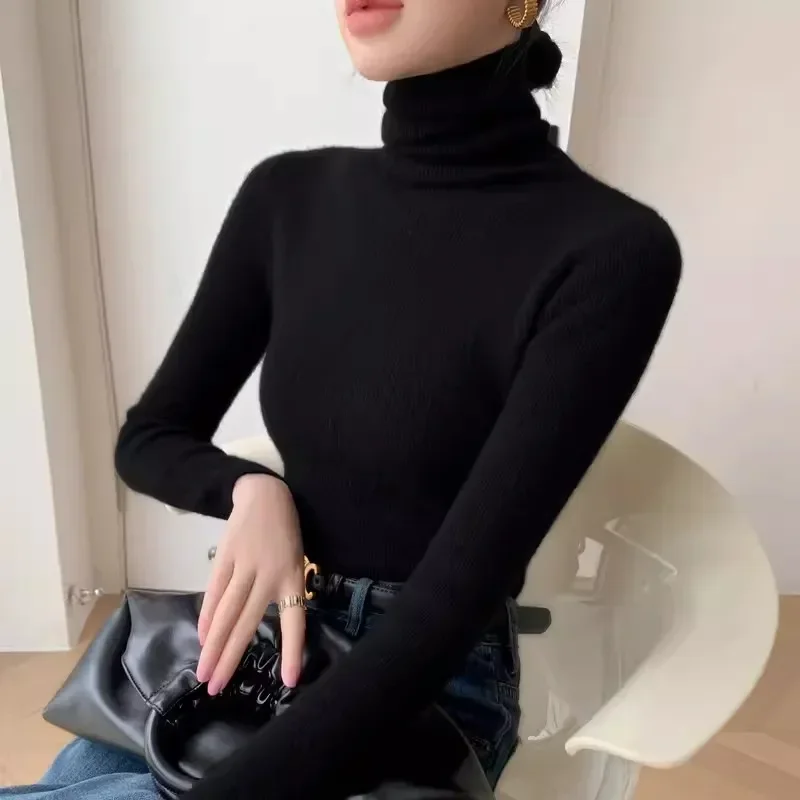 Frauen Gestrickte Dünne Weiße Pullover Casual Solide Pullover Langarm Tops Herbst Winter 2025, Rollkragen Jumper Weibliche