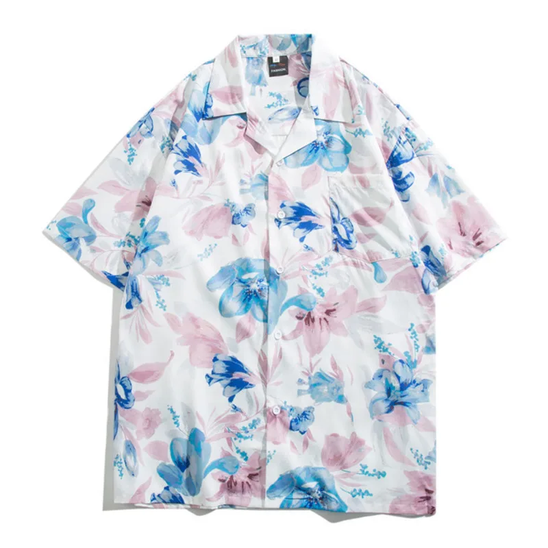 Men Short Sleeve Shirts Y2K Vintage Harajuku Flower Print Streetwear Summer HipHop Retro Hawaiian Holidays Man Loose Tops Shirts image 3