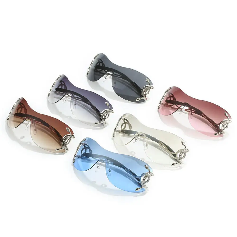 Rimless Gradient Snake Shaped Mirror Leg Sunglasses Oversized  Y2k Trendy Wrap Around Punk Technological Goggles Shades Women