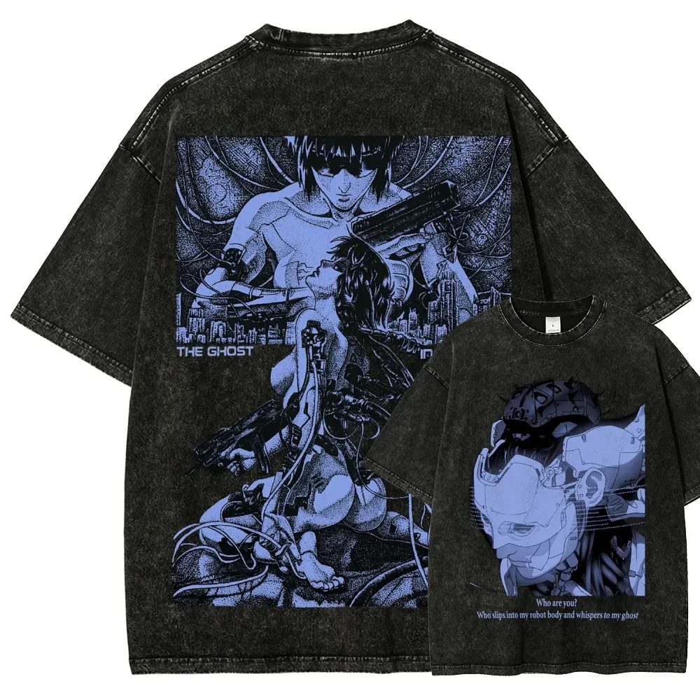 Hot Sale Classic Punk Style Anime Ghost in The Shell Graphic Print T-Shirt Men Women Retro Washed Cotton Oversize Summer New Tee