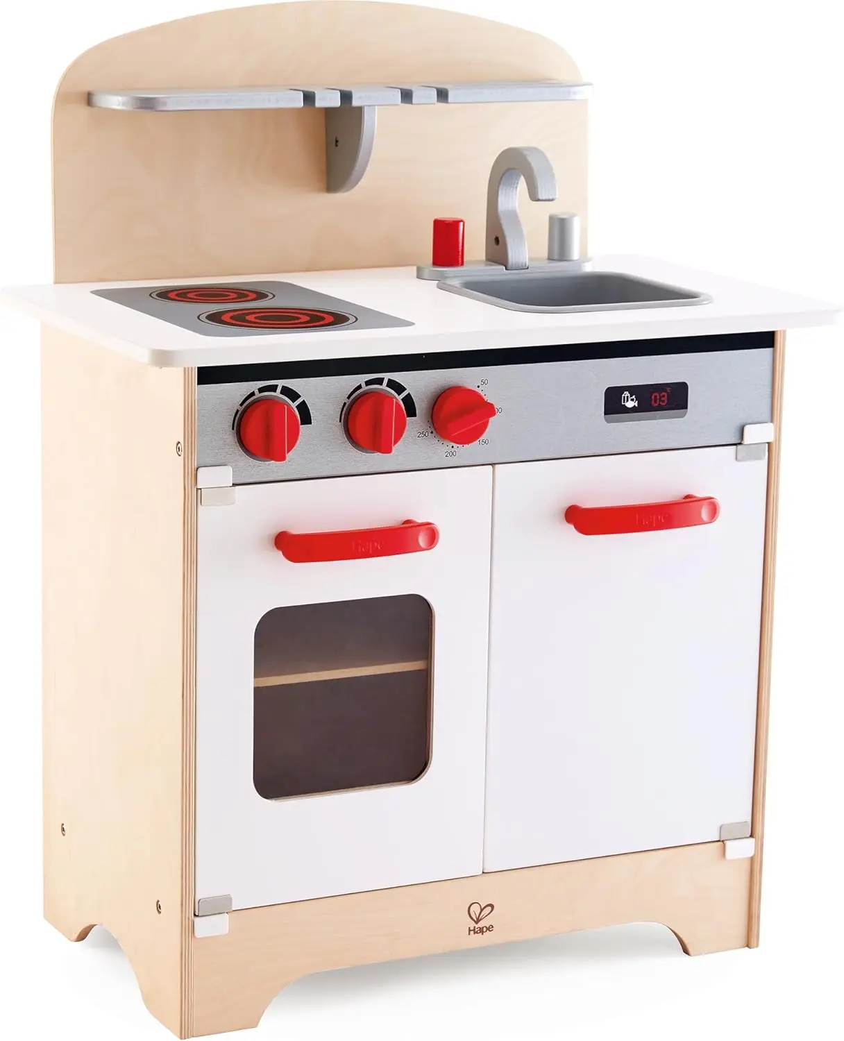 Gourmet Kitchen Toy Fully Equipped Wooden Pretend Play Kitchen Set with Sink, Stove, Baking Oven, Cabinet, Turnable Knobs & Spic