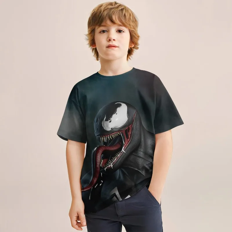 2024 Summer 3D Digital Cartoon Venom Printed Children's T-shirt for Parent Child Loose Breathable Round Neck Quick Drying Top