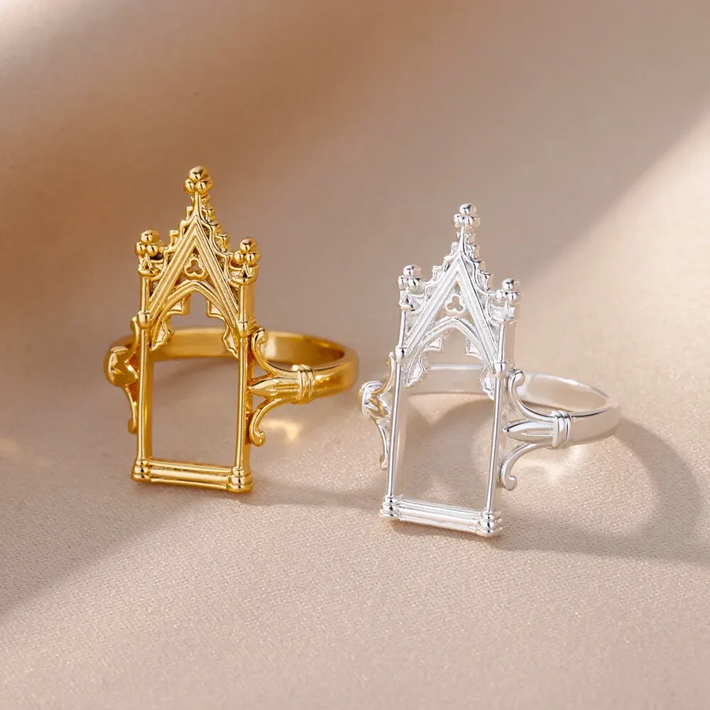 Stainless Steel Magic Mirror Rings For Women Gold Plated Aesthetic Wedding Ring Castle Flower Leaf Crown Design Luxury Jewelry