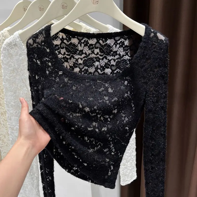 plus Size Lace Hollow out Long Sleeve T-Shirt Women's Fashion Mesh Top Sweet Spicy Pure Color Korean Style Commute Wind