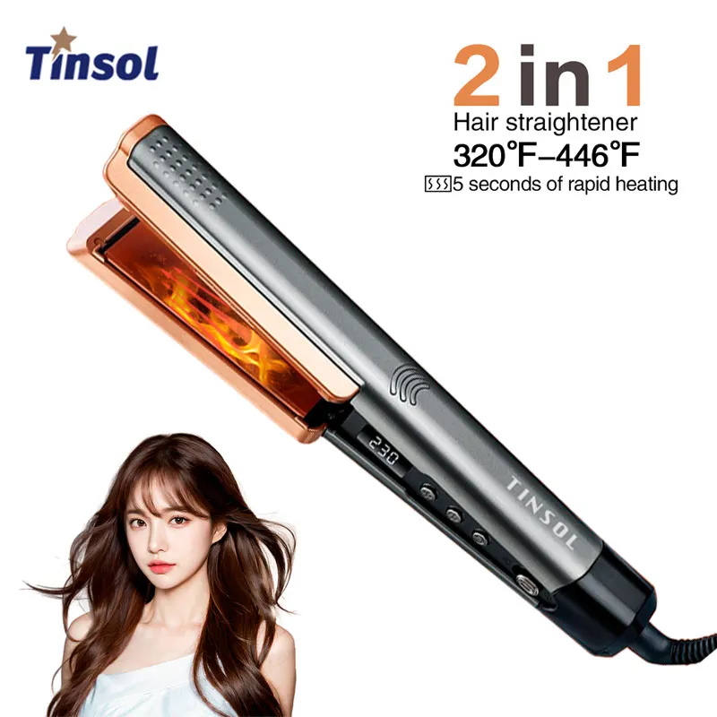 

TINSOL 2-in-1 Professional Hair Straightener Curling iron, Negative Ion Conditioner with LCD Wide Panel Hair Straightener