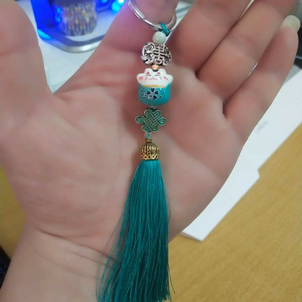 Cartoon Keychain Cat Keyring Lucky Cat Pendant Key Chains Chinese Knot Tassel Weaving Key Holder