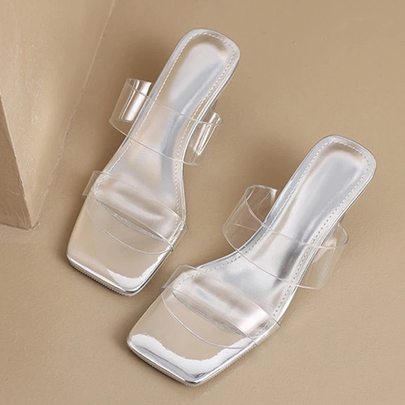 Liyke PVC Transparent Slippers Women Summer Fashion Square Toe Slides Shoes Strange Clear Wedge Heels Beach Sandals Female Mules view 2