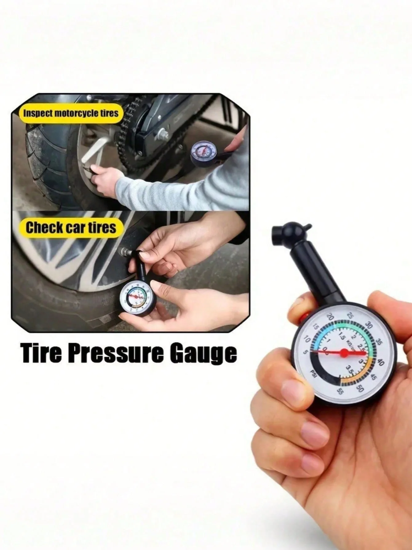 고정밀 기계식 타이어 압력 게이지, 아날로그 다이얼(PSI/KG/cm²), 내장형 릴리스 밸브, 내구성 있는 PET 플라스틱 본체, 컴파